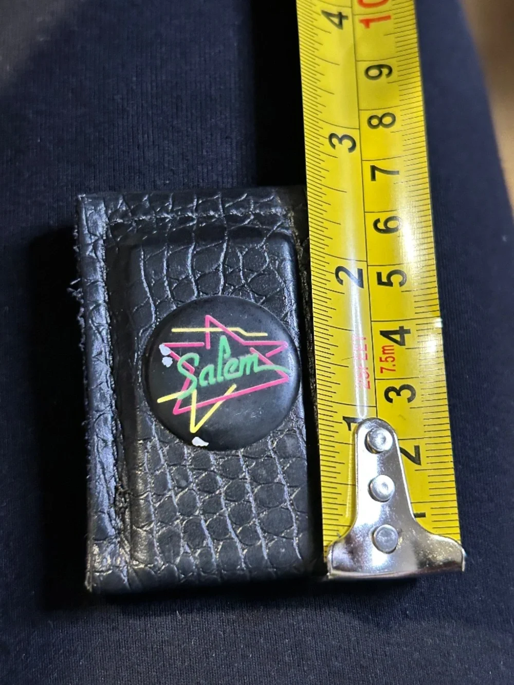 80s/90s Black Leather Crocodile Embossed Money Clip w/ Salem Logo, 4in x 2in
